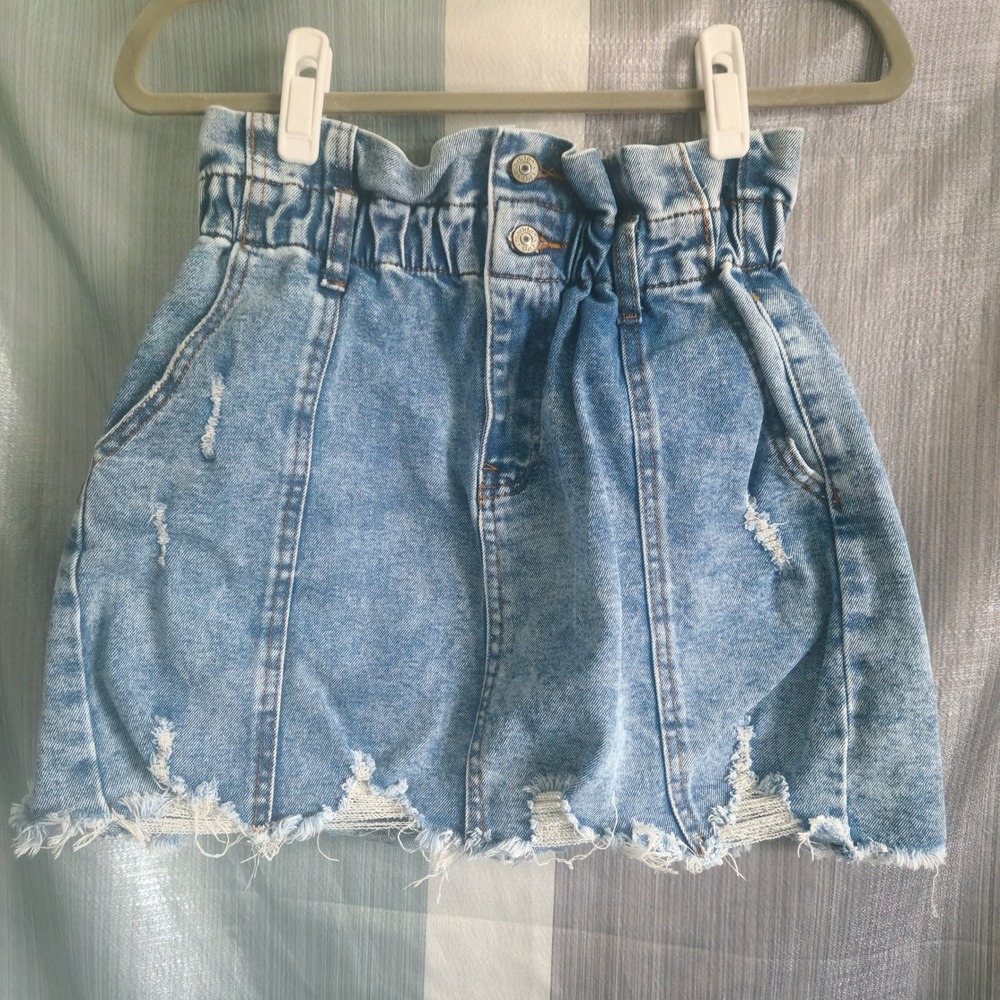 Madden Girl Blue Distressed Paperbag Waist Denim Micro Mini Skirt M 80s Retro